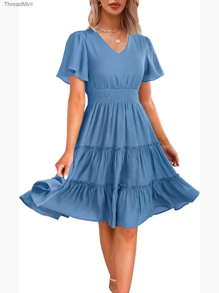 V-Neck Smocked Waist Flowy A-Line Midi Dress Polyester Casual Work